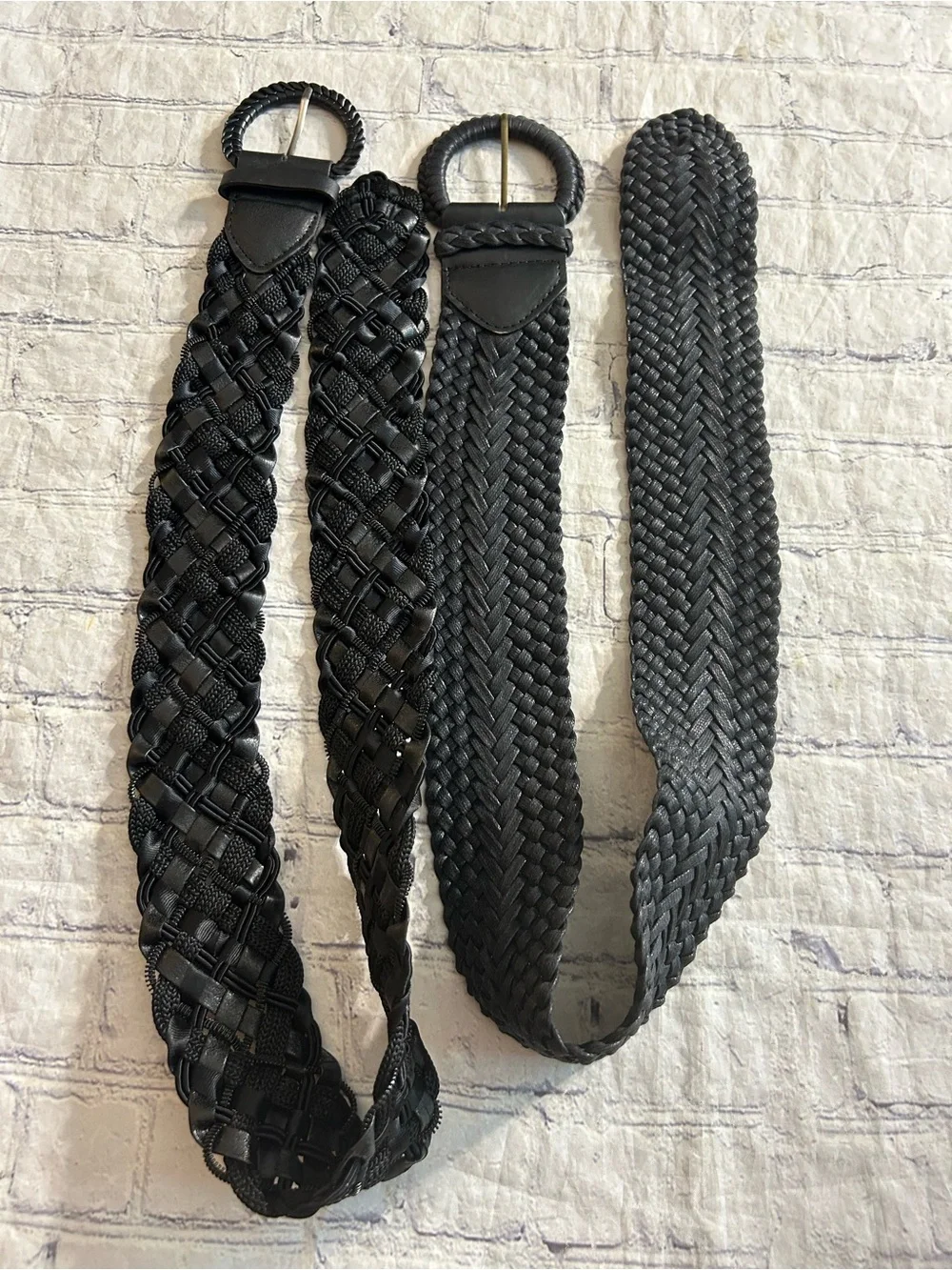 LOT OF (2) BLACK BRAIDED WOVEN WIDE BELTS 100% COTTON & POLYESTER BLEND M/L